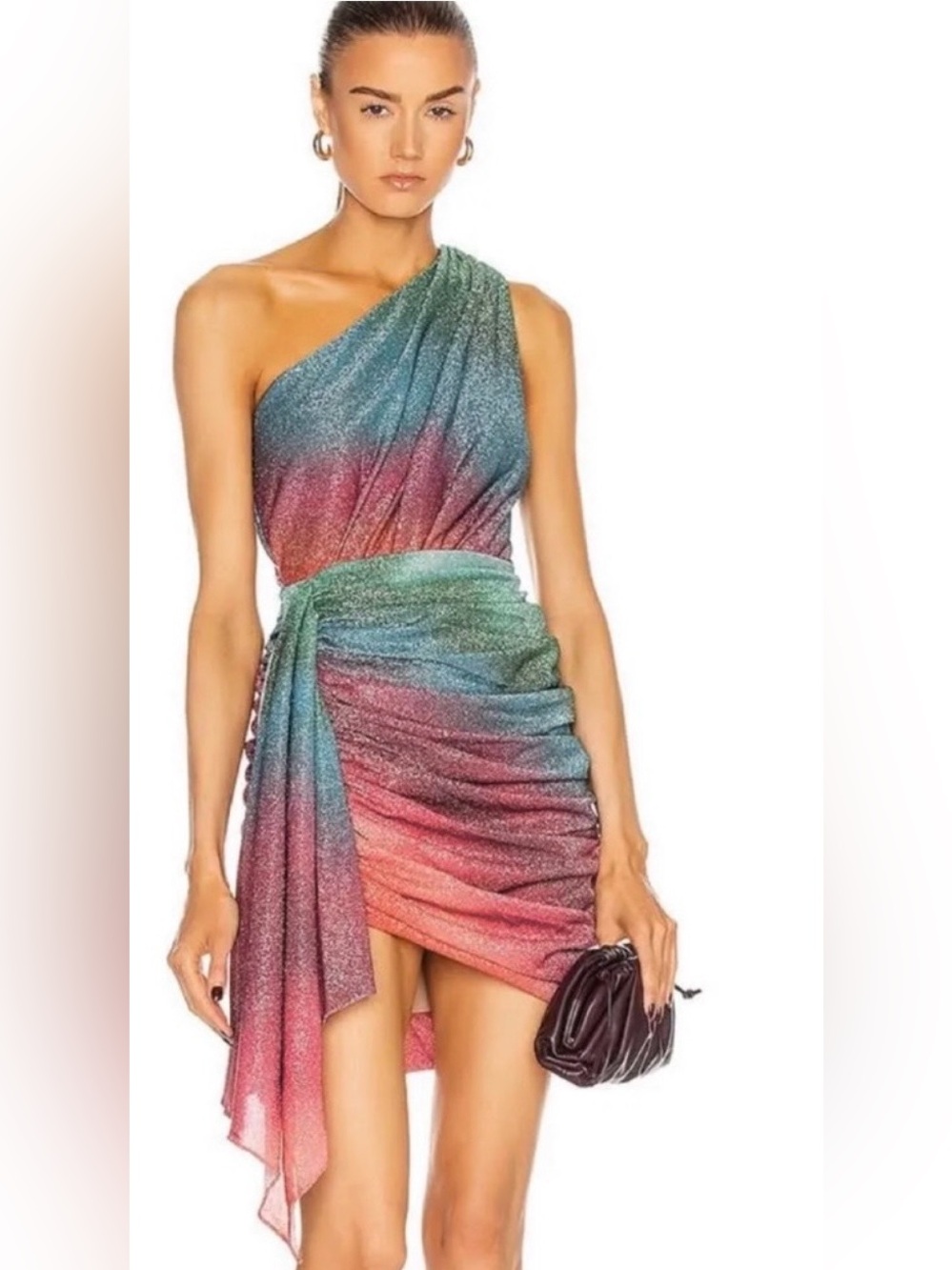 PatBO One-Shoulder Metallic Ombre Mini Dress in Green, Blue & Pink - Picture 11 of 11